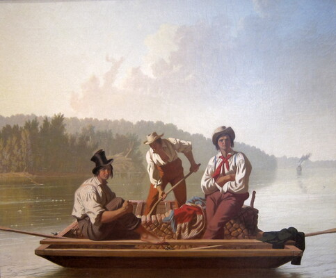 An oil painting of three White men, two seated and one standing with a paddle, on a flat boat on calm water.