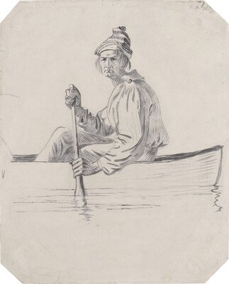 A black-and-white ink sketch of a middle-aged man chewing on a piece of straw seated in a canoe holding his paddle in the still water.