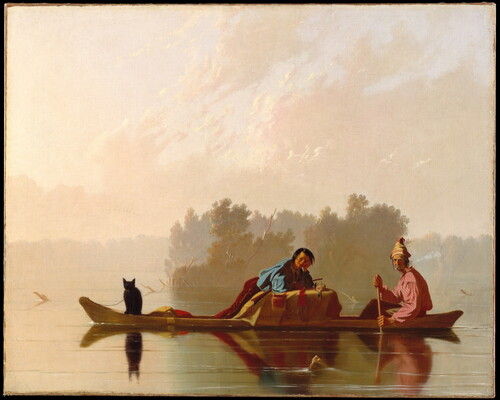 An oil painting of two White men and a black cat in a canoe on calm water: the older man paddles as the younger one leans on a pile of furs.