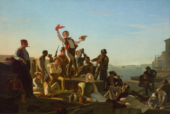 An oil painting of a group of mostly White men on a flat boat, some lounging, some standing, as several play music and one man dances in the center.