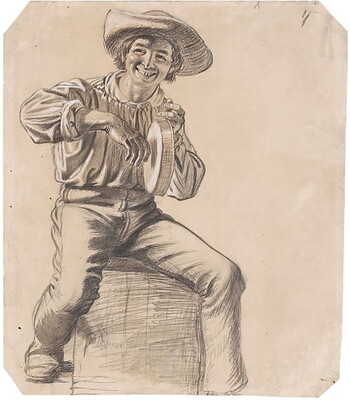 An ink sketch of a smiling man seated on a crate holding a skillet in one hand and hitting it with the other.