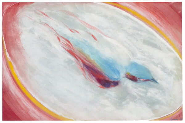 An abstract painting of a blue bird in the center of a white oval surrounded by pink and yellow swirls of color.