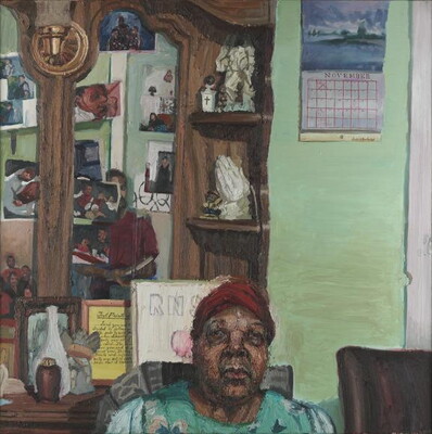 An oil painting of a Black person wearing a red hat seated in front of a mirrored china cabinet with photos stuck in the frame and figurines on the shelves.