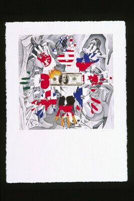 A watercolor painting of eight handprints, each with a different nation's flag on it, placed around a $100 bill that is on fire.