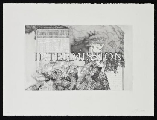 An abstract graphite drawing of various textures with the word "Intermission" written across it in a serif typeface.