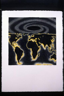 A watercolor painting of a map of the world in black outlined in a yellow glow under a black and gray swirl.