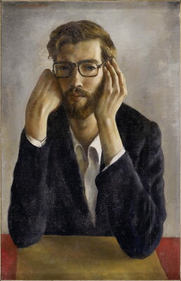 An oil painting of a White man with blond hair, glasses, beard and mustache, holding his head in his hands, elbows resting on a table.