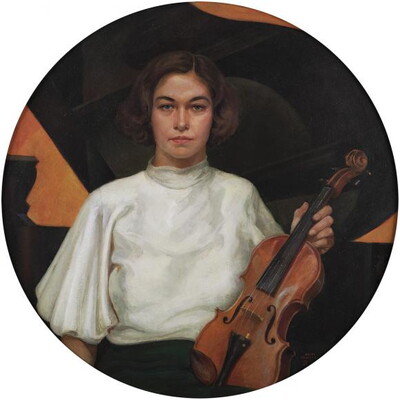 A circular oil painting of a White woman with short dark hair, wearing a white blouse and holding a violin on her lap.
