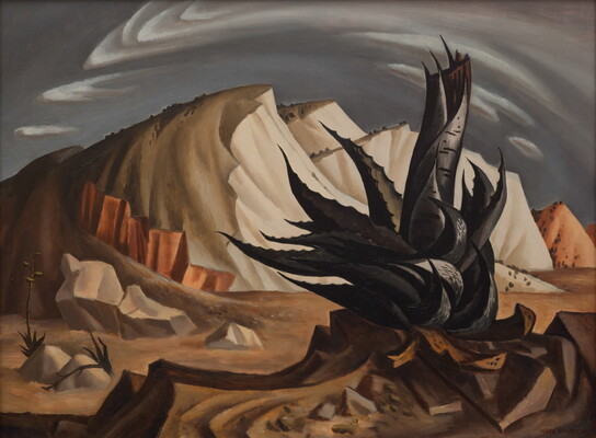 A modernist oil painting of a prickly plant growing on a rocky hillside with barren mountains in the distance.