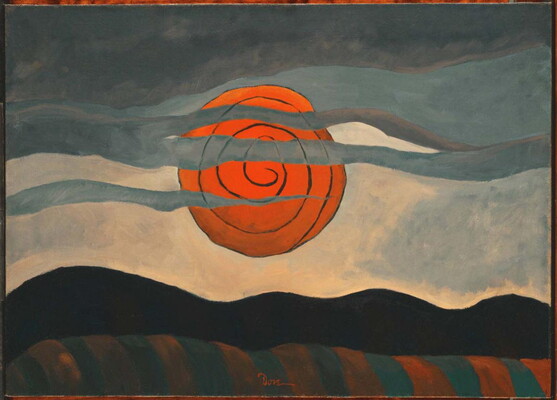 An abstract oil painting of dark hills under a large red sun with wispy dark clouds floating in front of it.