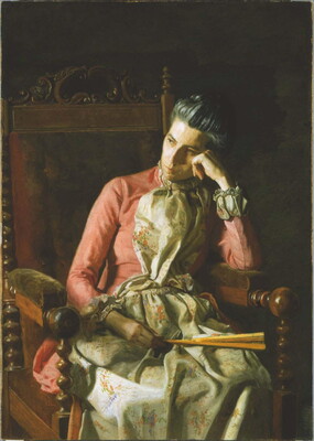 An oil painting of a middle-aged White woman seated in a decorative wooden chair, salt-and-pepper hair pulled on top of her head, wearing a pink gown, holding a fan in her lap, and looking contemplatively toward a light source on her right.