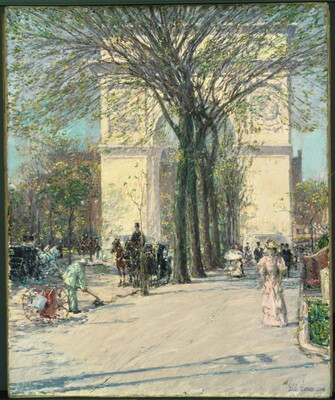 An oil painting of a large arch monument behind a row of trees as carriages and a busy sidewalk lead toward the arch.