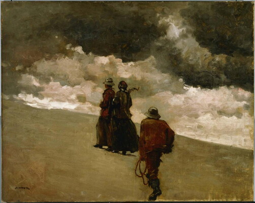 An oil painting of two women walking and a man running on a beach as the surf crashes violently on the rocks.
