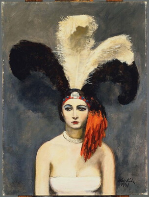 An oil painting of a White woman wearing a tall headdress with black and white feathers and red trim, heavy makeup, and a white strapless dress.