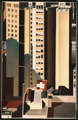 An oil painting of tall buildings and the roofs of shorter ones, some of which are in shadow from buildings not on the canvas.