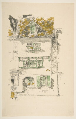 A color print of a sketch of a four-story house with green shutters, yellow moss on the roof, and two figures standing in the street below.
