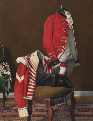 A detailed watercolor painting of two 18th-century red military jacket, one on a mannequin and the other on the back of a chair on which sits a tricorn hat.