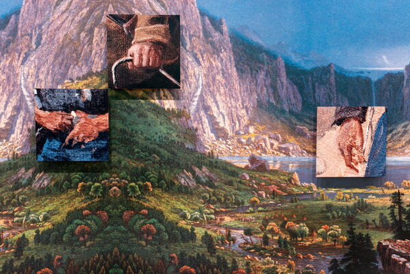 Three cropped photos atop a reproduction of a landscape painting: all three show details of light-skinned hands from paintings.