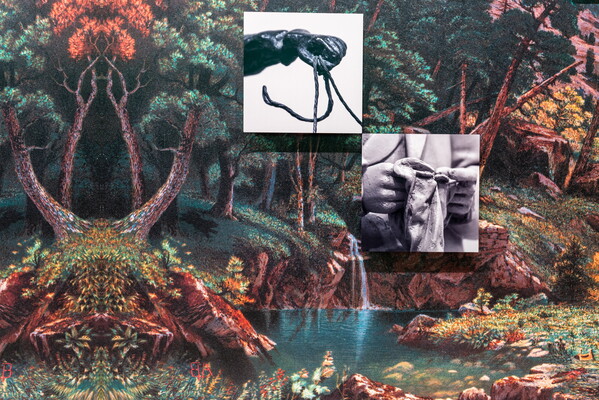 Two cropped photos atop a reproduction of a landscape painting: one showing a close-up of a hand holding a rope and the other hands holding a cloth.