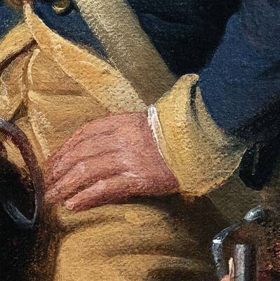 A photograph of the detail of a painting showing the light-skinned hand of a man resting on his leg.