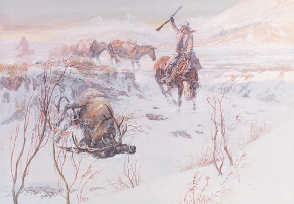 A watercolor of a man on horseback on windy, snowy day, holding a rifle over his head near an elk he just shot.