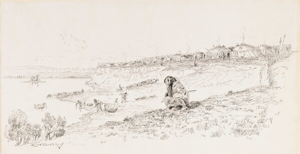 A black-and-white print of an Indigenous person sitting riverside with a village in the background.