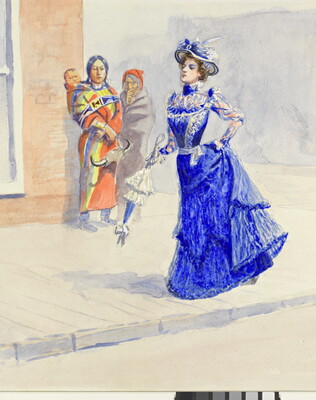 A detail of a watercolor of a White woman in a blue dress walking on a sidewalk as a White cowboy and an Indigenous family watch.
