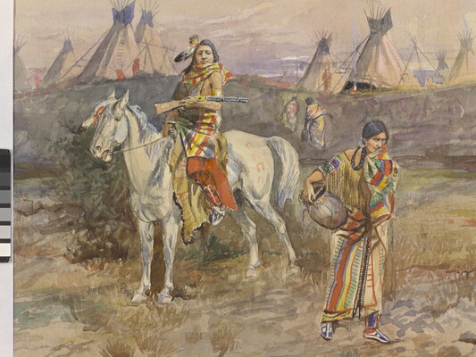 A watercolor of an Indigenous man on horseback stopped near an Indigenous woman with a jug on her hip standing at the edge of a lake or pond.