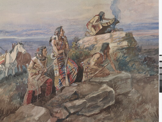 A detail of a watercolor of a Native American tending to a smoky fire on an outcrop of rocks as others look toward a smoke signal in the distance.