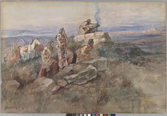 A watercolor of a Native American tending to a smoky fire on an outcrop of rocks as others look toward a smoke signal in the distance.