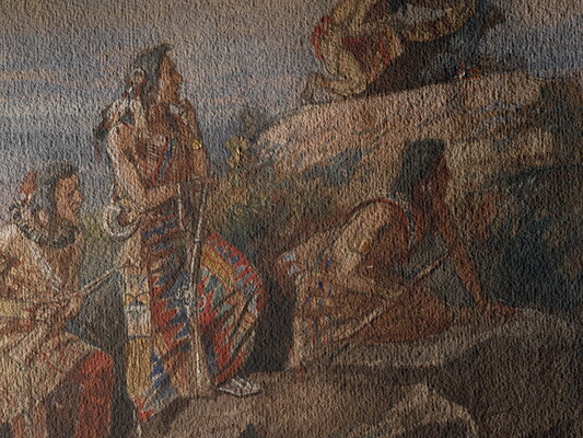 A detail of a watercolor of a Native American tending to a smoky fire on an outcrop of rocks as others look toward a smoke signal in the distance.