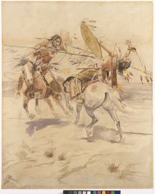A dramatic watercolor of two American Indian men on horseback; one stabbing the other with a spear.