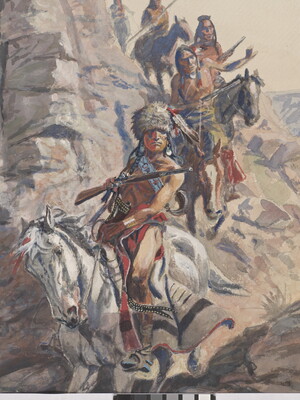 A detail of a watercolor of Indigenous people riding their horses on a cliffside.