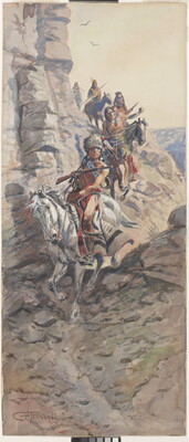A watercolor of Indigenous people riding their horses on a cliffside.