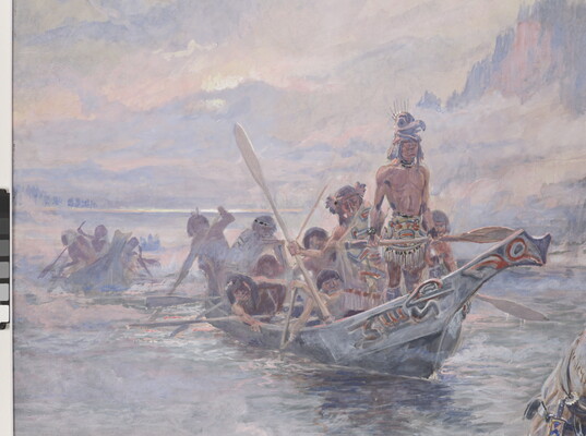 A detail of the Indigenous people in a watercolor of American Indians and explorers in wood canoes meeting on a calm river.