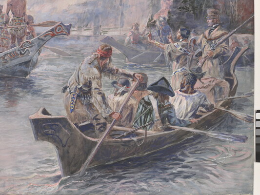 A detail of the explorers in a watercolor of American Indians and explorers in wood canoes meeting on a calm river.