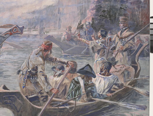 A detail of the explorers in a watercolor of American Indians and explorers in wood canoes meeting on a calm river.
