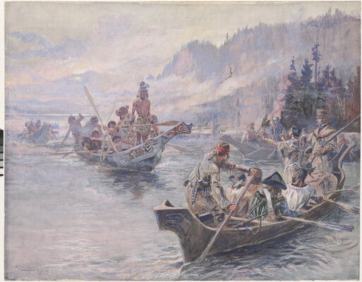 A watercolor of  American Indians and explorers in wood canoes meeting on a calm river.