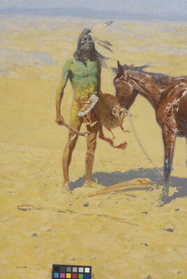 A detail of an oil painting of a lone Native American figure standing in a desolate desert beside his exhausted horse.