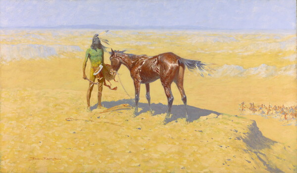 An oil painting of a lone Native American figure standing in a desolate desert beside his exhausted horse.