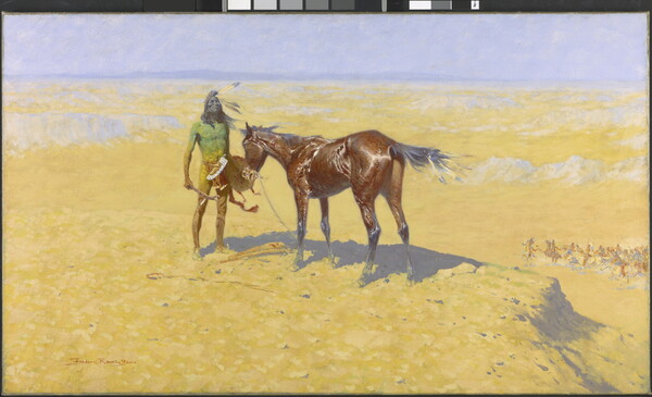 An oil painting of a lone Native American figure standing in a desolate desert beside his exhausted horse.