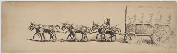 A black-and-white drawing of three pairs of mules and a rider pulling a covered wagon.