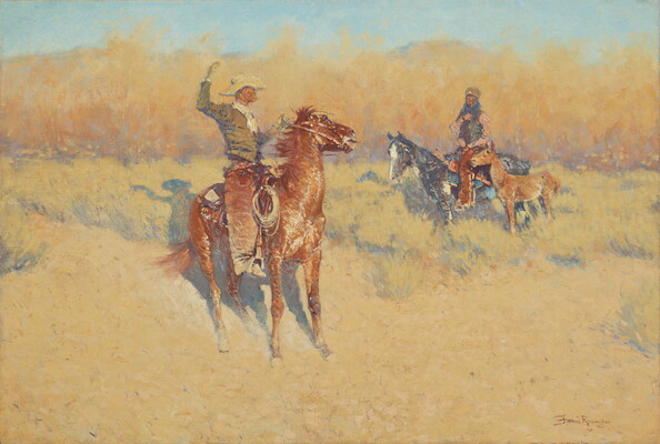 An oil painting of a cowboy and an Indigenous man on horseback gesturing toward each other in a field of yellowed grass.