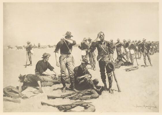 A black-and-white print of weary soldiers, many with rifles, standing, sitting, and lying in a field.