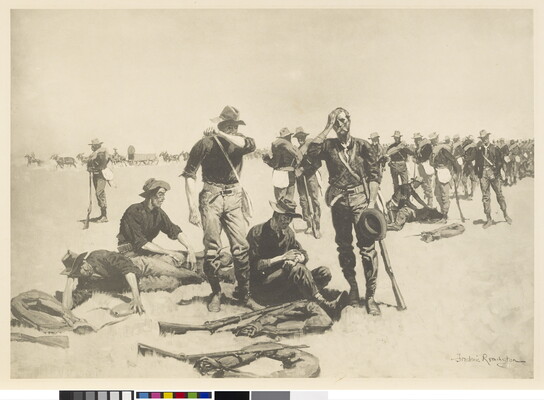 A black-and-white print of weary soldiers, many with rifles, standing, sitting, and lying in a field.