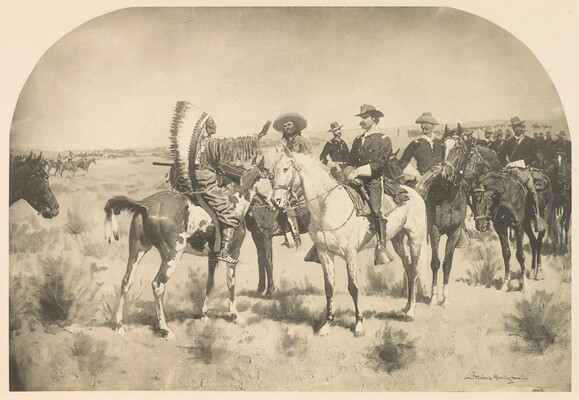 A black-and-white print of a mounted Indigenous man wearing a feathered headdress meeting with White men in military uniforms on horseback.