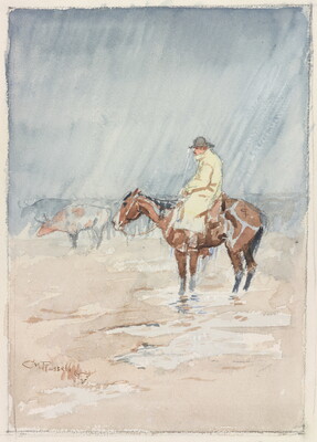A watercolor of a White cowboy on horseback in the pouring rain with cattle in this distance.