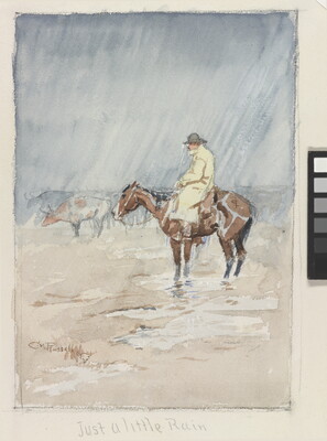 A watercolor of a White cowboy on horseback in the pouring rain with cattle in this distance.