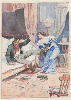 A watercolor of a White man sitting on the edge of a bed offering money to a White woman who is removing one of his boots.