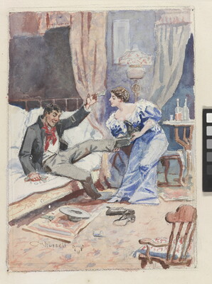 A watercolor of a White man sitting on the edge of a bed offering money to a White woman who is removing one of his boots.